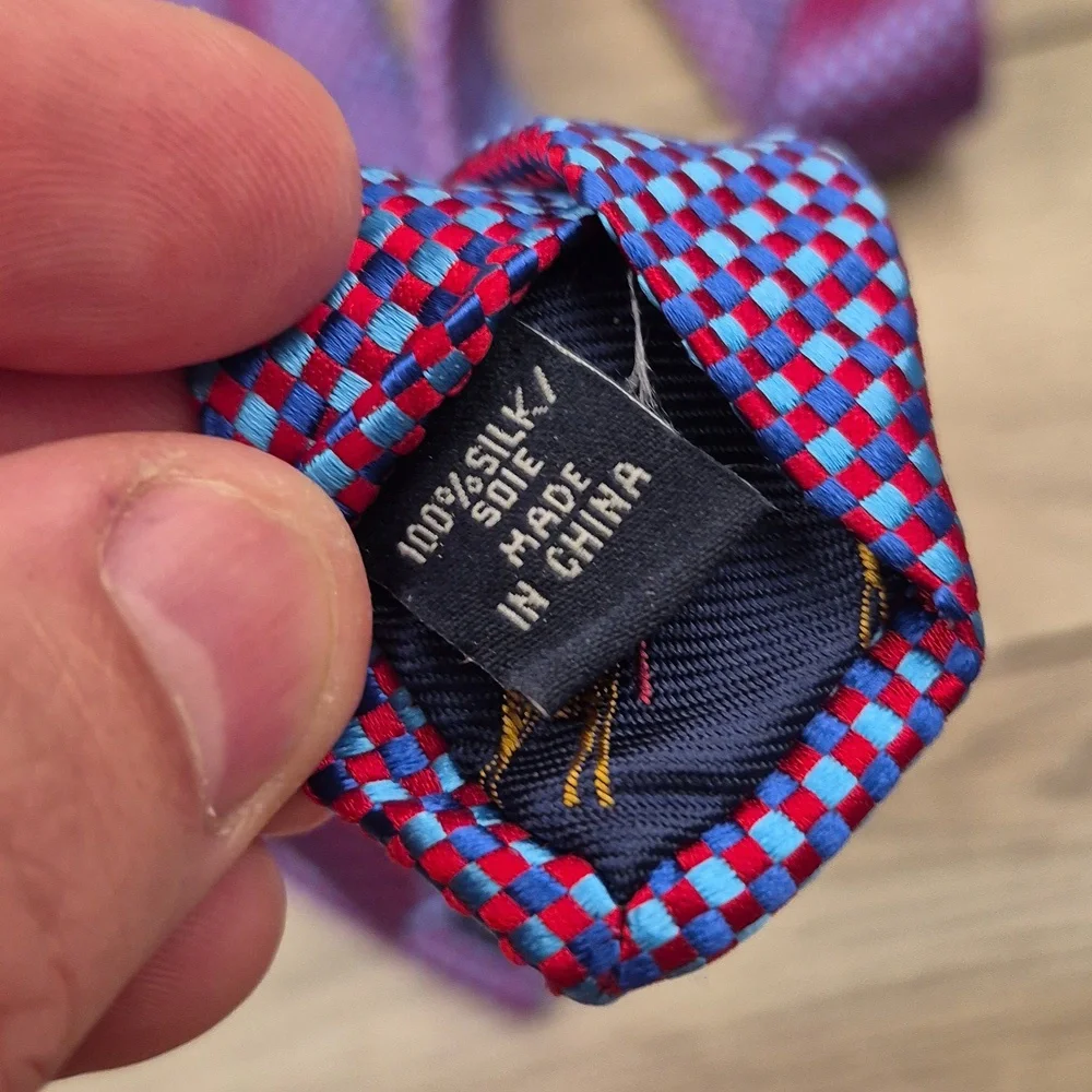 TED BAKER London‎ Metallic Red Blue Woven Textured Plaid Pattern Silk Mens Tie